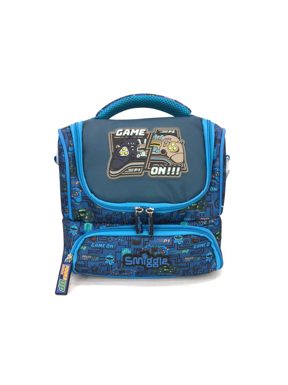 Double-decker lunchbox, blue patterned design with front panel and dual zippers